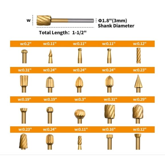 Rotary Burr Set 20Pcs Carving Engraving Bits Titanium Plating For Dremel Tool - Picture 2 of 5